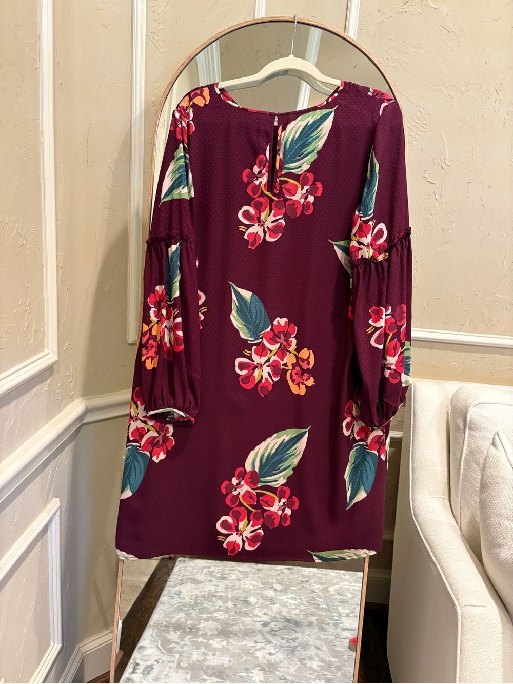 Loft Floral Long-Sleeve Shift Dress - Burgundy